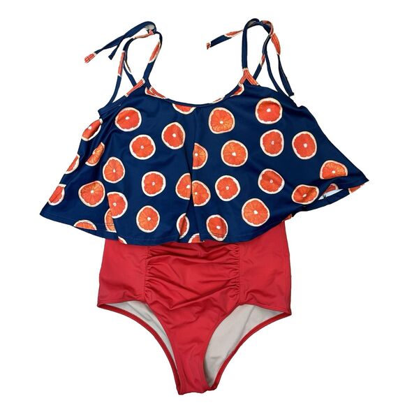Kortni Jeane Swimsuit SMALL High Waisted Bikini Blood Oranges Navy Blue Ruched - Picture 1 of 12